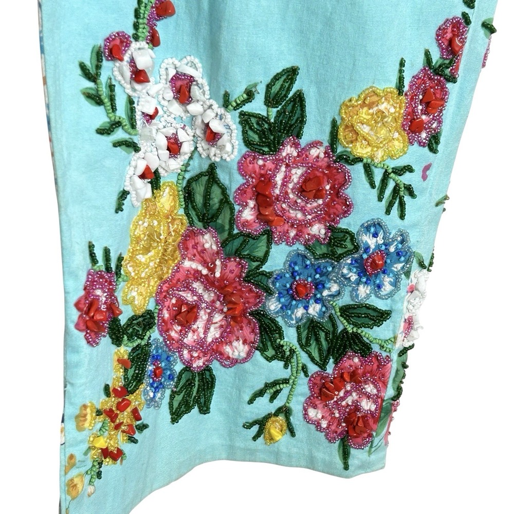 Ario Beaded Cropped Pants Large Boho Cottage Floral Art Patchwork Print Wide Leg - Picture 10 of 14